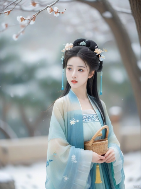  hanfu dress,a beautiful girl is standing,The Han costume of the Song Dynasty, the whole body,Flower basket,beautiful face,be affectionate,long eyelashes,high nose,Song Dynasty Hanfu, Winter, snowy days, snowfall, snow on tree tops, snow on the ground,gentle depth of field and soft bokeh,Capture the image as if it were taken on an 35mm film for added charm, looking at viewer,35mm photograph,The main color tone of the screen is blue, with a film style (aperture: f/1.4, ISO-100, focal length: 35mm), Full body, denim lens,film, bokeh, professional, 4k, highly detailed, MAJICMIX STYLE