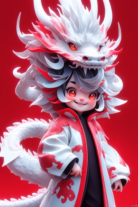  1 girl, long white hair, smiling, oriental dragon, long sleeve, jacket, bangs,, red background