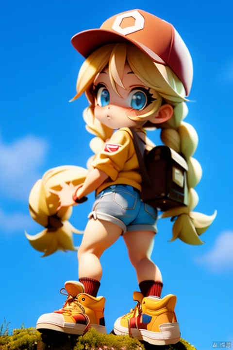 1girl, long hair, looking at viewer, blue eyes, multiple girls, blonde hair, shirt, hat, very long hair, jacket, full body, ass, braid, thighs, outdoors, multiple boys, sky, shoes, shorts, solo focus, day, socks, looking back, bag, from behind, twin braids, lips, short shorts, beret, scar, denim, casual, building, sneakers, baseball cap, red headwear, denim shorts, cammy white