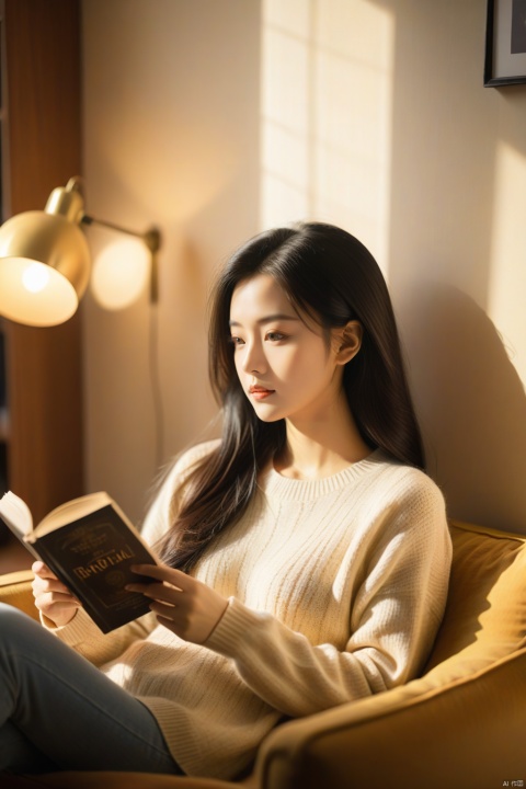  a girl sits alone, wearing casual Round neck sweater,Lazily sitting on the sofa, holding a book in hand, reading, with warm and soft lighting, warm colors, and a soft and comfortable atmosphere, beautiful face, black hair, Film film texture, movie lighting, master lenses, high-definition, graininess.