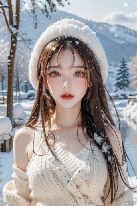 (1girl:1),beautiful and detailed smile face,Short hair,White scarf,Hat,Sweater,blush,JK_skirt,snowing,  (Snow Mountain_spring::1.2),outdoors,sky,scenery,day,cloud, ((nature::0.9),blue sky,water,mountain,forest,lake,landscape,river,grass,Snow land,Winter,  (snow::1.5),super realistic,master works,ultra fine,detailed,Cold and warm contrast,correct human body structure,depth of field,ray tracing,best quality,8K,hm
