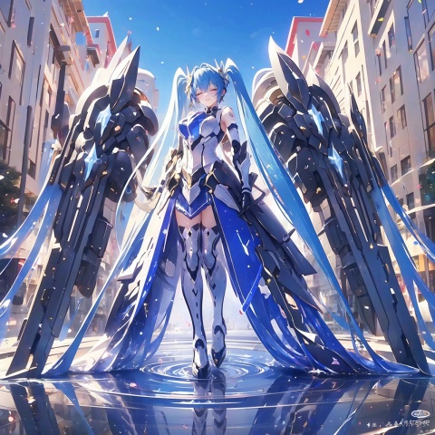  (english text:1.25),(from side), blue theme, (walking_in_liquid), standing_on_liquid, reflective_water, night, only water, (head down), closed eyes, skirt hold,(the surface of the water reflected the brigh stars), light_particles,1girl, very long hair, twintails, solo, hatsune miku, dress, blue hair, full body,water surface, reflection, star (sky), starry sky,, robot