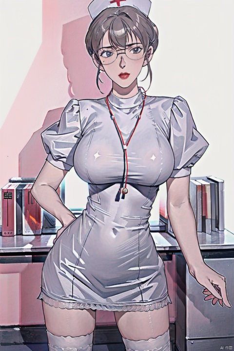  huge breast,Ultra- Wide- Angle,8K,a mature woman,40yo,huge breasts,slim body, , girl,solo,(large breasts:1.3),,solo,see-through,(thighhighs:1.2),(ultra detailed:1.3),standing,1girl,solo,glasses,nurse,nurse cap,lips,hair ornament,,