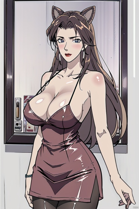  huge breast,Ultra- Wide- Angle,8K,a mature woman,40yo,huge breasts,slim body, , girl,solo,(large breasts:1.3),1girl,solo,long hair,huliqun,pantyhose,ahri \(league of legends\),animal ears,,,mingyuefuzhuang, red dress