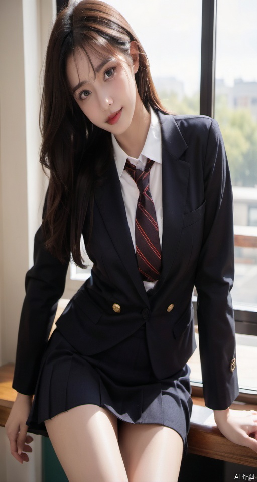 1girl, solo, long hair, looking at viewer, smile, skirt, brown hair, shirt, long sleeves, brown eyes, sitting, school uniform, jacket, white shirt, pleated skirt, necktie, day, striped, collared shirt, artist name, indoors, miniskirt, black skirt, lips, black jacket, head tilt, window, arm support, blazer, desk, classroom, striped necktie, sitting on desk