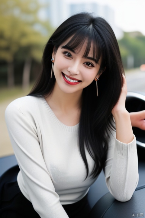 1girl, solo, long hair, looking at viewer, smile, bangs, shirt, black hair, jewelry, white shirt, upper body, heart, earrings, outdoors, grin, blurry, black eyes, sweater, head tilt, blurry background, ground vehicle, motor vehicle, realistic, car, photo background