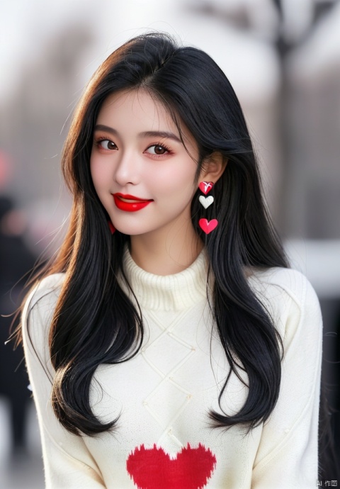 1girl, solo, long hair, looking at viewer, smile, black hair, jewelry, upper body, heart, earrings, blurry, black eyes, sweater, lips, blurry background, realistic, red lips, white sweater, heart print