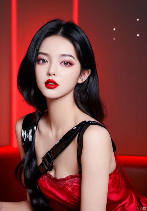  The girl personifies as a with a unique composition, shiny black hair, high gloss facial features, red lip makeup, Milky Way eyes, Black lace sling,d cup,purple lighting, the best masterpiece, high resolution.,,in clothes Sexy, charming, beautiful, model, fairy, little sister,