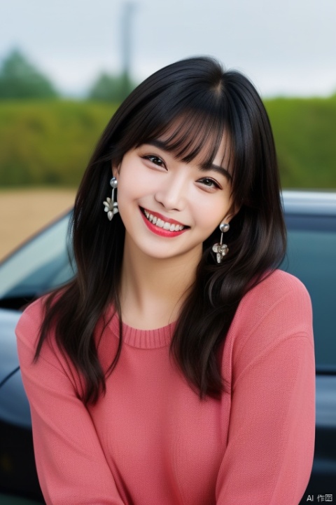 1girl, solo, long hair, looking at viewer, smile, bangs, shirt, black hair, jewelry, Black dress, shirt, whole body heart, earrings, outdoors, grin, blurry, black eyes, sweater, head tilt, blurry background, ground vehicle, motor vehicle, realistic, car, photo background