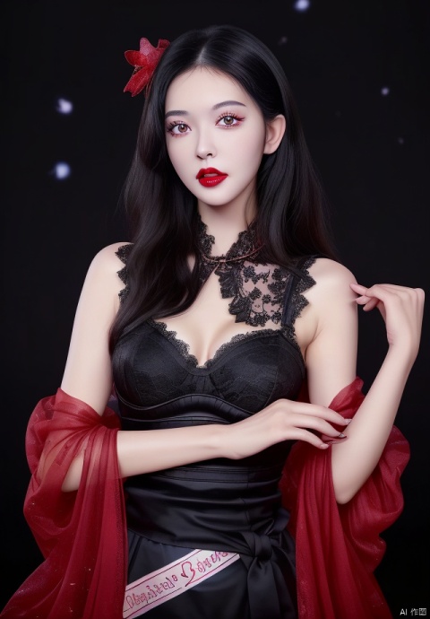  The girl personifies as a with a unique composition, shiny black hair, high gloss facial features, red lip makeup, Milky Way eyes, Black lace sling,d cup,purple lighting, the best masterpiece, high resolution.,,in clothes Sexy, charming, beautiful, model, fairy, little sister,