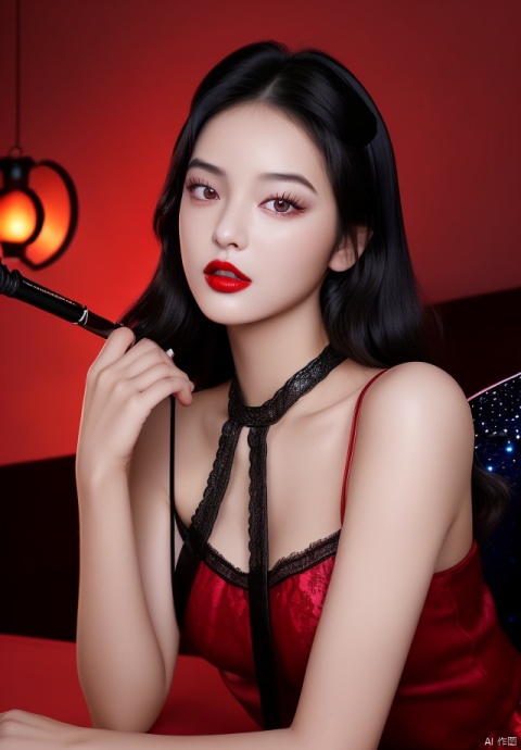  The girl personifies as a with a unique composition, shiny black hair, high gloss facial features, red lip makeup, Milky Way eyes, Black lace sling,d cup，purple lighting, the best masterpiece, high resolution.,,in clothes   Sexy, charming, beautiful, model, fairy, little sister,