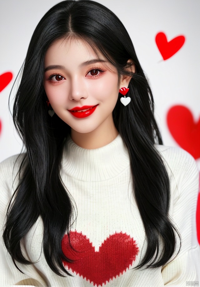 1girl, solo, long hair, looking at viewer, smile, black hair, jewelry, upper body, heart, earrings, blurry, black eyes, sweater, lips, blurry background, realistic, red lips, white sweater, heart print