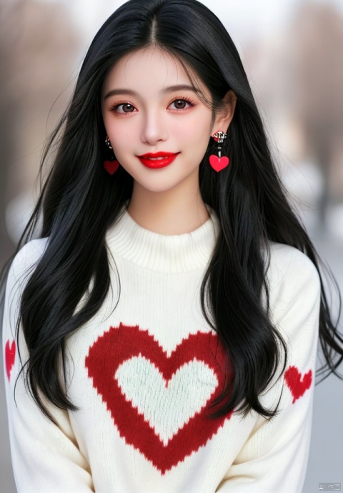 1girl, solo, long hair, looking at viewer, smile, black hair, jewelry, upper body, heart, earrings, blurry, black eyes, sweater, lips, blurry background, realistic, red lips, white sweater, heart print