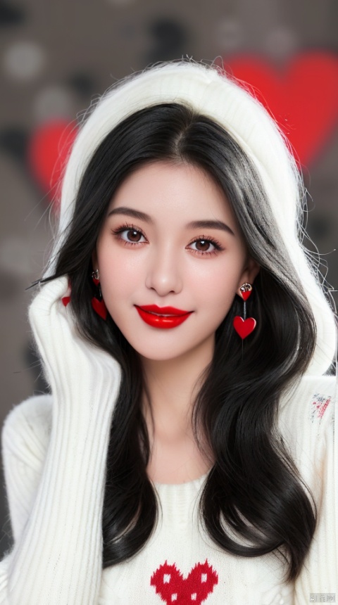 1girl, solo, long hair, looking at viewer, smile, black hair, jewelry, upper body, heart, earrings, blurry, black eyes, sweater, lips, blurry background, realistic, red lips, white sweater, heart print, 1girl