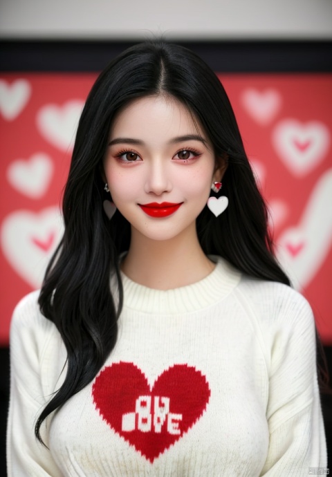 1girl, solo, long hair, looking at viewer, smile, black hair, jewelry, upper body, heart, earrings, blurry, black eyes, sweater, lips, blurry background, realistic, red lips, white sweater, heart print