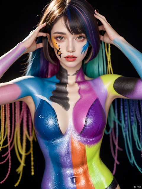 beautiful girl,pale skin,(covered in interesting and colorful body paint:1.2),Bodypainting,seductive,looking at viewer,bob cut,unruly hair,(colorful hair:1.2),perfect hourglass bodyshape,dynamic pose,psychedelic,bright and colorful,paint studio sharp focus on subject, ((poakl))