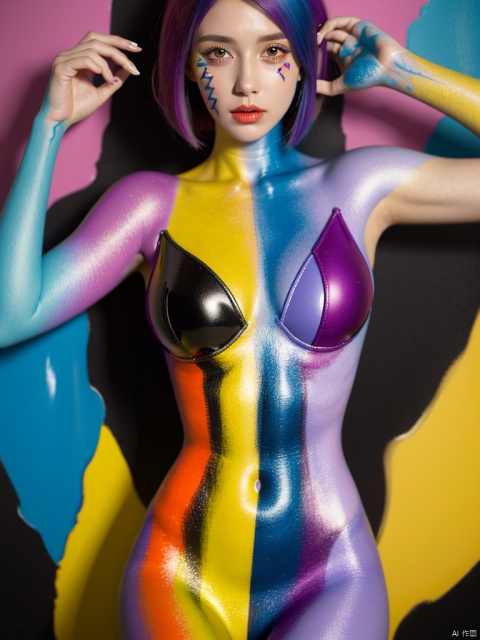  beautiful girl,pale skin,(covered in interesting and colorful body paint:1.2),Bodypainting,seductive,looking at viewer,bob cut,unruly hair,(colorful hair:1.2),perfect hourglass bodyshape,psychedelic,bright and colorful,paint studio sharp focus on subject, ((poakl))