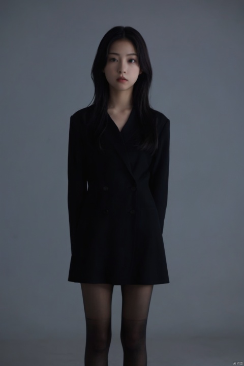  Best Picture Quality, Masterpiece, Ultra High Resolution, (Photorealistic:1.4),1 Girl,standing position, ((12 years old)), In the Dark, Deep Shadows,Low Profile, (Photorealistic:1.4),(long slender legs),slender body,miniskirt,black pantyhose, Untied Hair, depth of field,realism,
