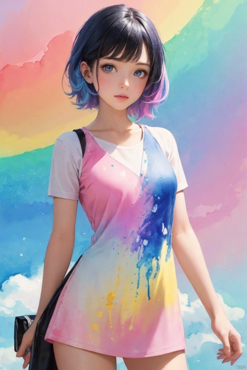  best quality,(masterpiece:1.3),ultra-detailed,1girl,Abstract watercolor painting of a little girl,cowboy shot,scales,rainbow colors ::1,colorful hair,blue and pink tone colors,abstract watercolor painting of cartoon clouds with emoji,rainbow colors,Gradien