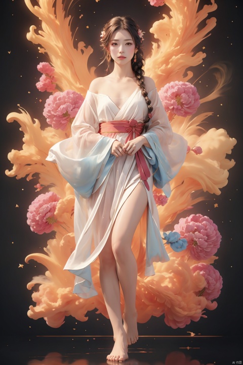  (masterpiece),(best quality) 1girl, solo, see-through, barefoot, hair over shoulder, see-through sleeves, braid, bangs, pink flower, single braid, dress, star \(symbol\), white hair, flower, wide sleeves, white dress, long sleeves, full body, hair between eyes, bare legs, parted lips, looking at viewer, side braid, standing, red eyes, white kimono, star \(sky\), collarbone, hair ornament