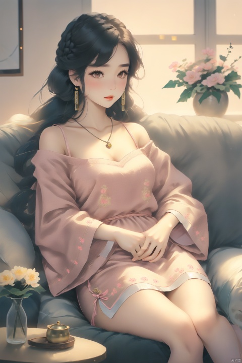  1 Girl, Solo, Long Hair, Looking at the Audience, Blush, Bangs, Blonde, pink cheongsam, [fullbody], Bow, Animal Ears, Bare Shoulders, Brown Eyes, Sitting, Collarbone, Full Body, Yellow Eyes, Braids, Ahoge, Parted Lips, Necklace, Daytime, Indoor, Off-the-Shoulder, :o, Sweater, Window, Single Braid, Bell, Silver Necklace, Chair, No Shoes, shorts, Plush Toys, Plush Toys, Plush Toys, Plush Toys, Sofa, Teddy Bear, Wooden Floor, On the Sofa, Pink cheongsam, on a chair,