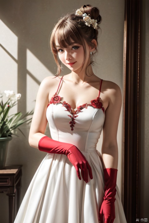  high quality body photography of a young girl, Hallucinatory world, Russian girl, solo, hair ornament, gloves, looking at viewer, bangs, flower, dress, bare shoulders, blue eyes, white hair, breasts, elbow gloves, red gloves, medium breasts, sleeveless, hair flower, red dress, upper body, smile, shiny hair, blush, shiny, shiny sleeveless dress, simple background, lips, parted lips, chinese clothes, hair bun, closed mouth,