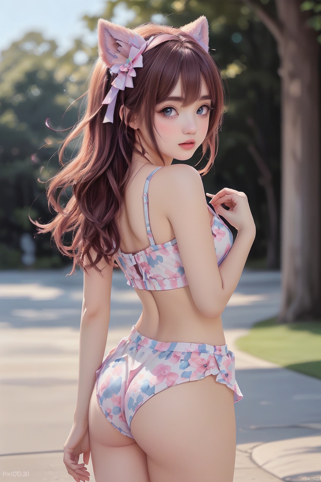  high quality body photography of a young girl, Russian girl, 16yo, (photorealistic:1.4), meticulous detail, (exquisite facial features), (ass, ,cum_in_butt), (shiny one-piece swimsuit), (floral swimsuit), (cameltoe), pink fantasy, long hair, beautiful detailed eyes, floral print, see-through, blurry background, sleeveless, brown eyes, looking at viewer, red lips, brown hair, outdoors, pantyhose, kawaiitech, super high resolution, pastel colors,cowboy shot