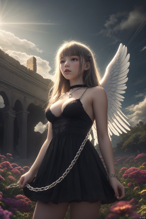  (masterpiece), (best quality), illustration, medium shot, ultra detailed, hdr, Depth of field, (colorful), loli, (sunlight),(angel),dynamic angle,floating,wing,halo,floating white silk,(Holy Light),silver stars,1girl,chain ring, chain storm, dark chain,((wholeblack bloomer)), darkside, night, deep dark, darkness, ((dark clouds)),((ruins)),shadow, death garden, high quality body photography of a young girl, Hallucinatory world, Russian girl,deep cleavage
