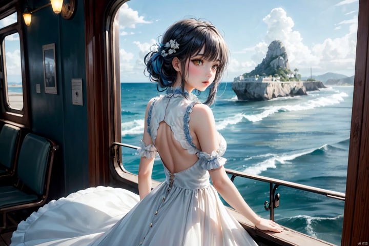  (masterpiece, best_quality, extremely_delicate), long_ash-blue_hair, yellow_eyes, dress_in_blue_and_white, sea, rocks, the_waves, open_cutout_on_the_back, translucent_train_on_the_dress