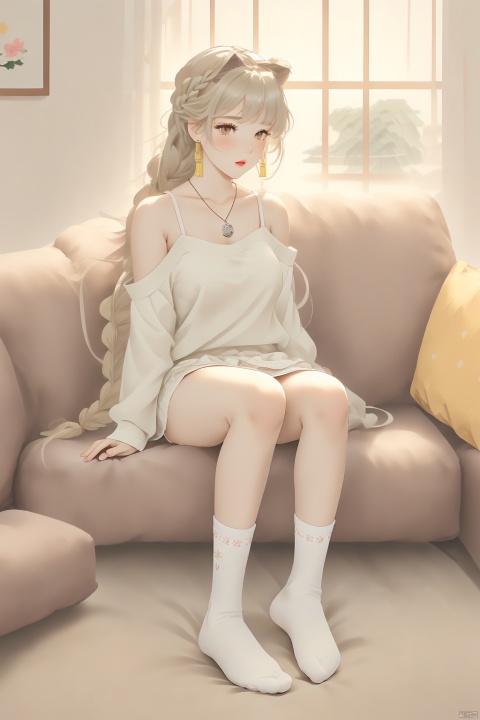 1 Girl, Solo, Long Hair, Looking at the Audience, Blush, Bangs, Blonde, Pink Cheongsam, [Full Body], Bow, Animal Ears, Bare Shoulders, Brown Eyes, Sitting, Clavicle, Full Body, Yellow Eyes, Braids, Ahoge, Parted Lips, Necklace, Daytime, Indoor, Off-the-Shoulder, :o, Sweater, Window, Single Braid, Bell, Silver Necklace, Chair, No Shoes, Shorts, Plush Toys, Plush Toys, Plush Toys, Plush Toys, Sofas, Teddy Bears, Wooden Floors, On the Sofa,  White over-the-knee socks, on a chair,