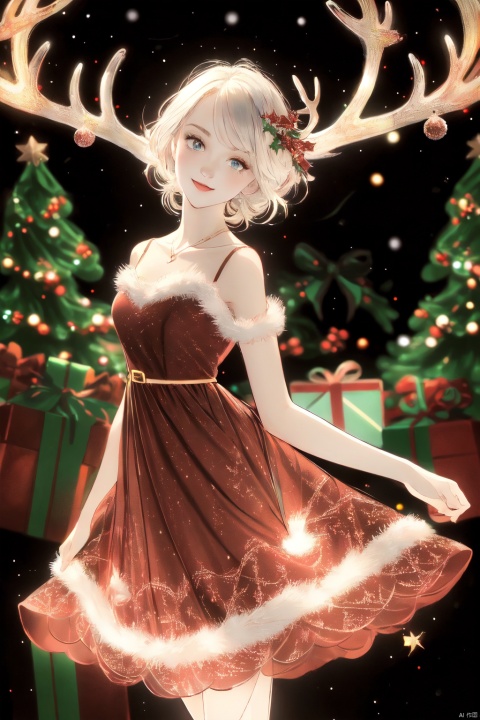  （Christmas tree：1.56）,(Exquisite and beautiful red Christmas dress :1.4), , (seven colors of deer: 1.48), (masterpiece: 1.3), (best image quality: 1.2), the original illustrations, (extremely delicate beauty), film lights, lights (wide lens), (body), (girl), (solo), (beautiful eyes: 1.2), (white hair), long hair, smile, (liquid sky lace female shamao Christmas), (Starry Sky Hair Accessories), (Pumice )