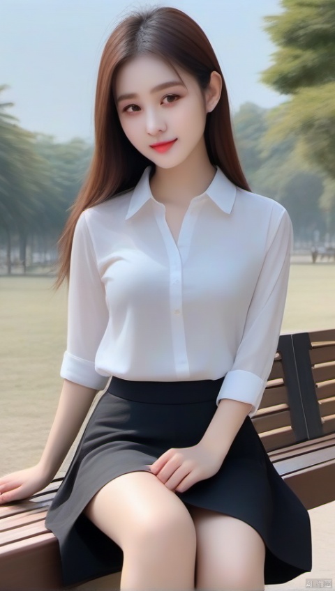 A Chinese girl in a white shirt and black skirt sat on a bench in the park reading a book, with smooth and translucent skin, long hair, and youthful, seductive and shapely thighs., uncleview