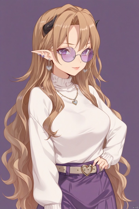  masterpiece, best quality, as7033, baiwe7033 style,line art,line style,as style,sunao, memories off 8, 


1girl,jewelry,horns,solo,earrings,breasts,long hair,sweater,looking at viewer,purple eyes,wings,white sweater,demon girl,round eyewear,tinted eyewear,large breasts,skirt,necklace,sunglasses,demon horns,pointy ears,lips,purple-tinted eyewear,demon wings,long sleeves,purple skirt,collar,upper body,curled horns,blunt bangs,purple background,choker,looking over eyewear,glasses,heart,pink lips,turtleneck,closed mouth,belt,