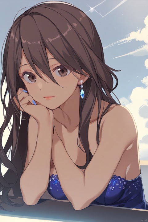  kotori, memories off 8,
masterpiece, best quality, as7033, baiwe7033 style,
1girl, solo,blue nails, long hair, breasts, jewelry, looking at viewer, earrings, hand on own face, hand on own cheek, nail polish, cleavage, eyelashes, bare shoulders, head rest, gem, parted lips, upper body, glint, hand up, collarbone, cloud ,brown eyes,
