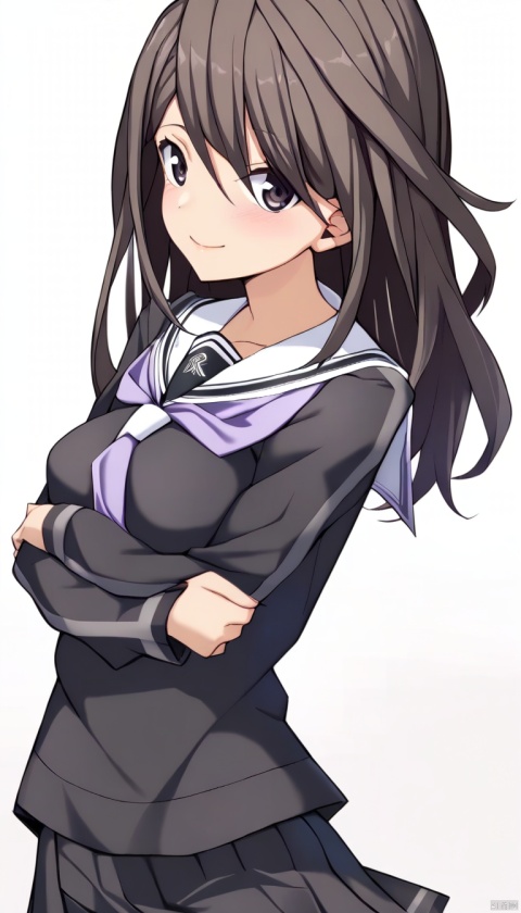 1girl, 
kotori, memories off 8, rinshoji school uniform, purple neckerchief, 
upper body,cowboy shot,from side,solo,looking at viewer, light smile,white background,simple_background,masterpiece, best quality,aesthetic,newest,