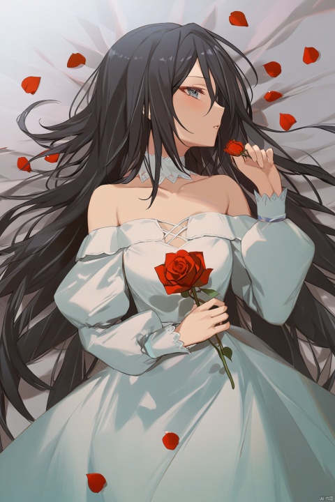  mizuhak, memories off 8,
masterpiece, best quality, as7033, baiwe7033 style,
1girl, solo, red flower, flower, holding flower, holding, rose, dress, petals, red rose, lying, long sleeves, on back, white dress, looking at viewer, parted lips, bare shoulders, blush, off shoulder, hair flower, off-shoulder dress, collarbone, puffy long sleeves, puffy sleeves, rose petals, dofas, crystal
