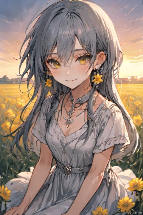  1girl, solo, dress, sitting, long hair, outdoors, earrings, jewelry, looking at viewer, field, sunset, sky, white dress, bangs, cloud, flower field, yellow flower, hair ornament, evening, closed mouth, smile, short sleeves, hair flower, grey hair, km