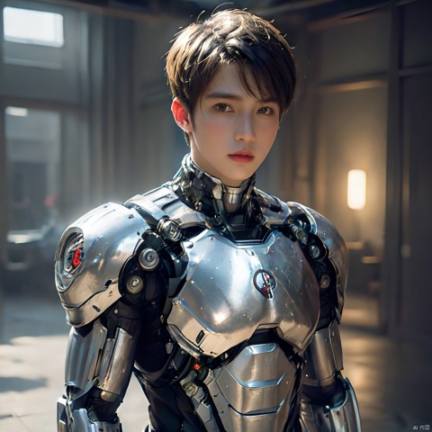 masterpiece, best quality,1 boy,jininag,Male, with short hair and silver armor, young and promising,