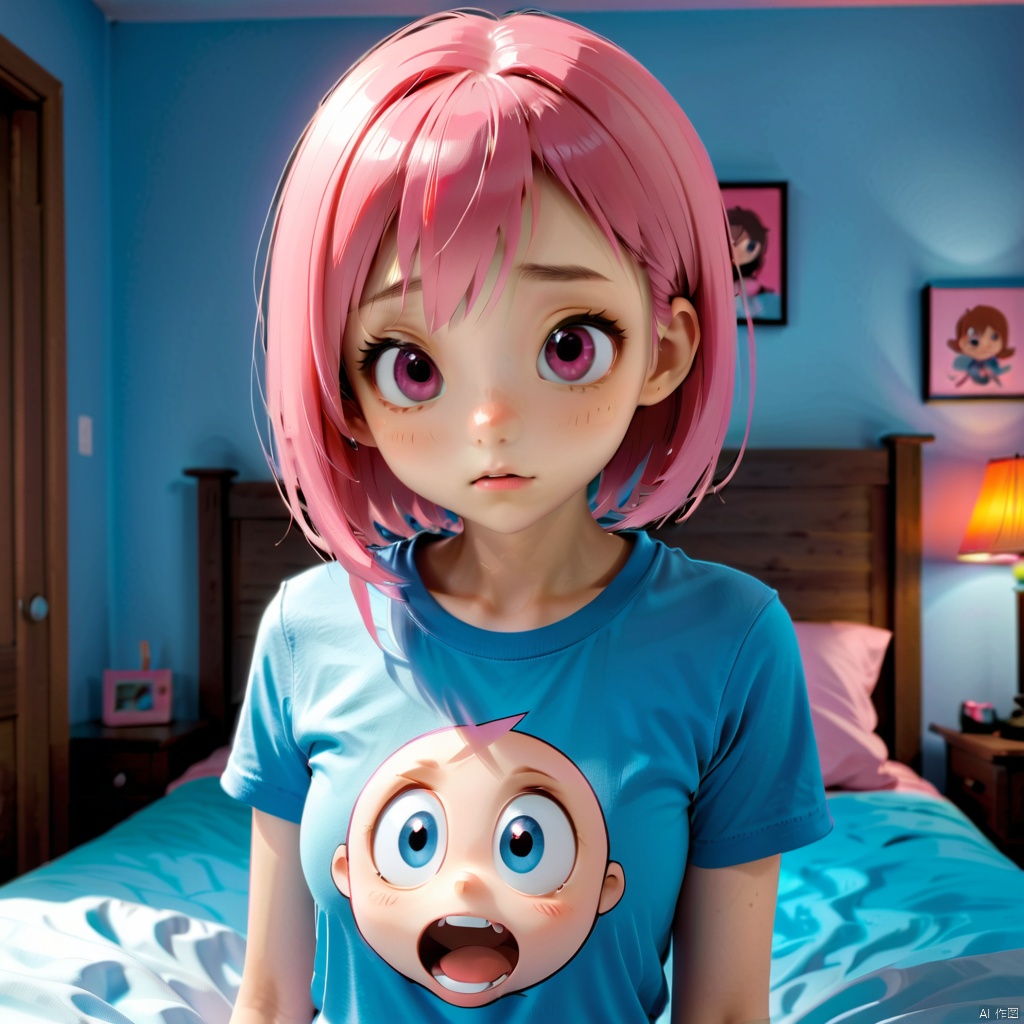 pikeshinv, 1girl, pink hair, shirt, solo, short hair, looking at viewer, pink eyes, indoors, t-shirt, blue shirt, upper body, breasts, short sleeves, pillow, print shirt, closed mouth, bed, bangs, bedroom, uraraka ochako, pikeshinv