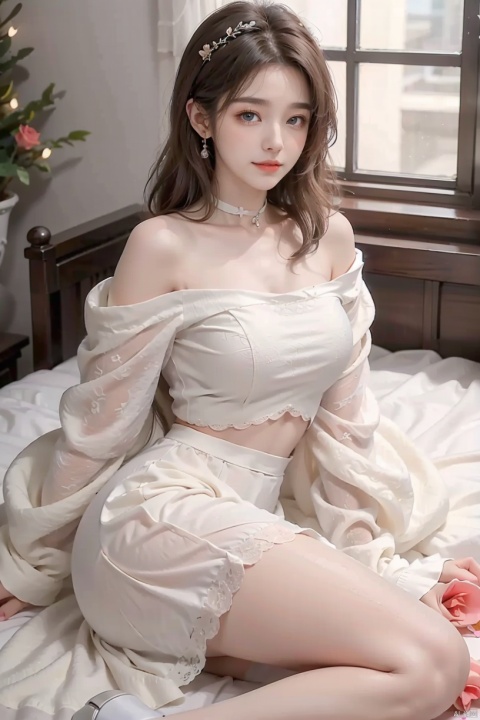  1girl, solo,blue eyes, long hair,smile，holding flower, holding, rose, dress, petals, hair ornament, lying, long sleeves, white hair, on back,smile,white dress, looking at viewer, choker, bare shoulders, blush, bangs, off shoulder, black choker, hair flower, off-shoulder dress, very long hair, collarbone, puffy long sleeves, puffy sleeves, hair between eyes,dofas, crystal, yunbin, qianjin, christmas，office