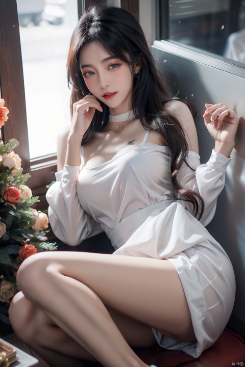  1girl, solo,blue eyes, long hair,smile，NSFW，holding flower, holding, rose, dress, petals, hair ornament, lying, long sleeves, white hair, on back, white dress, looking at viewer, choker, bare shoulders, blush, bangs, off shoulder, black choker, hair flower, off-shoulder dress, very long hair, collarbone, puffy long sleeves, puffy sleeves, hair between eyes,dofas, crystal, yunbin, qianjin, christmas，office