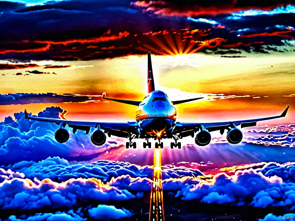  best quality,masterpiece,ultra highres,RAW photo,4k,8k,HD,a aircraft,Boing 747,sky,sunset,