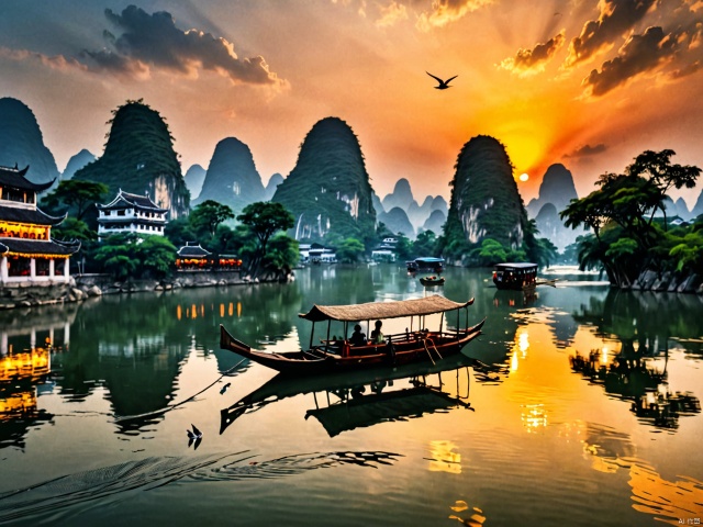  photorealism,masterpiece,best quality,highres,4k,8k,HD,scenes of Guilin,China,sunset,liking River,boats,birds