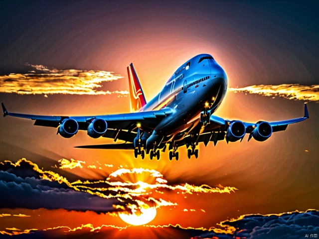  best quality,masterpiece,ultra highres,RAW photo,4k,8k,HD,a aircraft,Boing 747,sky,sunset,