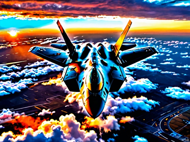  best quality,masterpiece,ultra highres,RAW photo,4k,8k,HD,a aircraft,fighter,F22,sky,sunset,