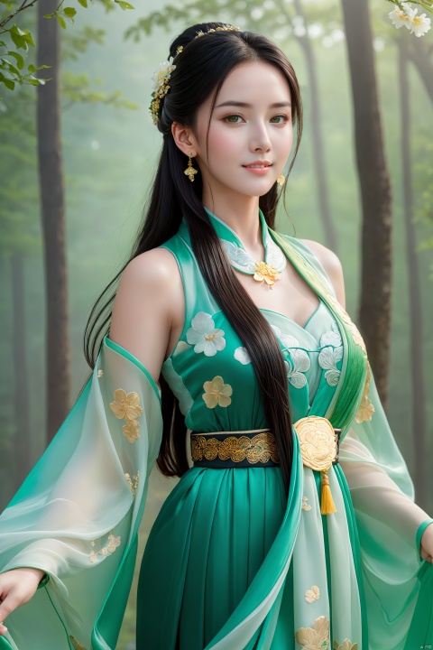  upper body,masterpiece,32k,extremely detailed CG unity 8k wallpaper, best quality, china goddess,1girl, long hair, black hair,see through hanfu,transparent shawl,1girl,sole_female,Smile, face the front,standing,green,gold hairpin,
((upper_body)),long hair,earrings,jewelry,face focus, (perfect face), shiny skin, 
dress,(cloud pattern print hanfu), hanfu, 
forest, night background,metal,water, wet, 
masterpiece, best quality,depth of field, cinematic composition, best lighting,light master,RAW photo, dslr, film grain, Fujifilm XT3, night shot, light master,
