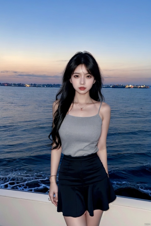  1girl,watercraft,chain,ocean,water,ship,boat,long_hair,solo,beach,sky,outdoors,black_hair,day,horizon,realistic,skirt,lips,breasts,necklace,
