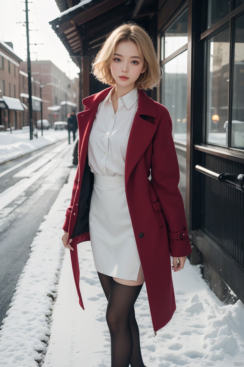 Outdoor scenery,  snow view,  long shot,  girl,  front, Big long legs,  Little Feet,  Hands spread flat,  Standing,  transparent red wool coat,  pretty face,  short hair,  blonde hair,  (photo reality: 1.3),  Edge lighting,  (high detail skin: 1.2),  8K Ultra HD,  high quality,  high resolution,  the best ratio of four fingers and a thumb,  (photo reality: 1.3),  white shirt inside,  big chest,  advanced feeling,  texture full,  a girl,  magic eyes,  black   stockings,  pencil skirt,  high heels,