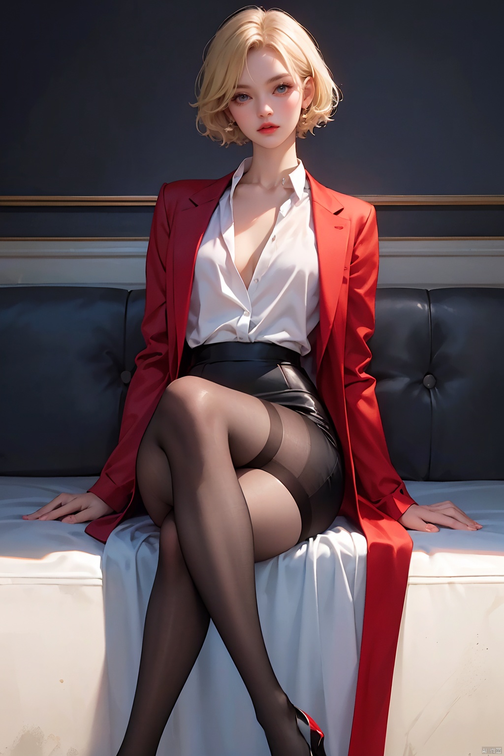 Outdoor scenery,  snow view,  long shot,  girl,  front, Big long legs,  Little Feet,  Hands spread flat,  Standing,  transparent red wool coat,  pretty face,  short hair,  blonde hair,  (photo reality: 1.3),  Edge lighting,  (high detail skin: 1.2),  8K Ultra HD,  high quality,  high resolution,  the best ratio of four fingers and a thumb,  (photo reality: 1.3),  white shirt inside,  big chest,  advanced feeling,  texture full,  a girl,  magic eyes,  black   stockings,  pencil skirt,  high heels,