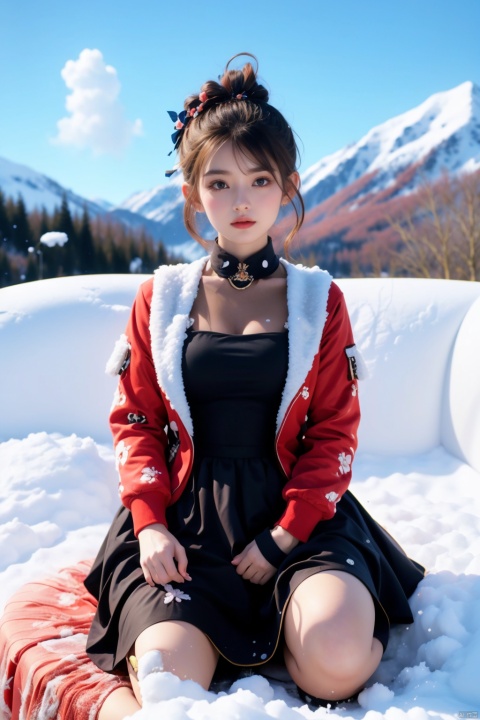 Outdoor scenery, snow view, Snow Mountain, girl, red wool coat, pretty face, short hair, blonde hair, (photo reality: 1.3) , Edge lighting, (high detail skin: 1.2) , 8K Ultra HD, high quality, high resolution, the best ratio of four fingers and a thumb, (photo reality: 1.3) , wearing a red coat, white shirt inside, big chest, solid color background, solid red background, advanced feeling, texture full, 1 girl, Xiqing, HSZT, Xiaxue, dongy, a girl, magic eyes, black 8d smooth stockings, 1girl,police,pencil_skirt,high_heels,yellow_dress,polka_dot_legwear